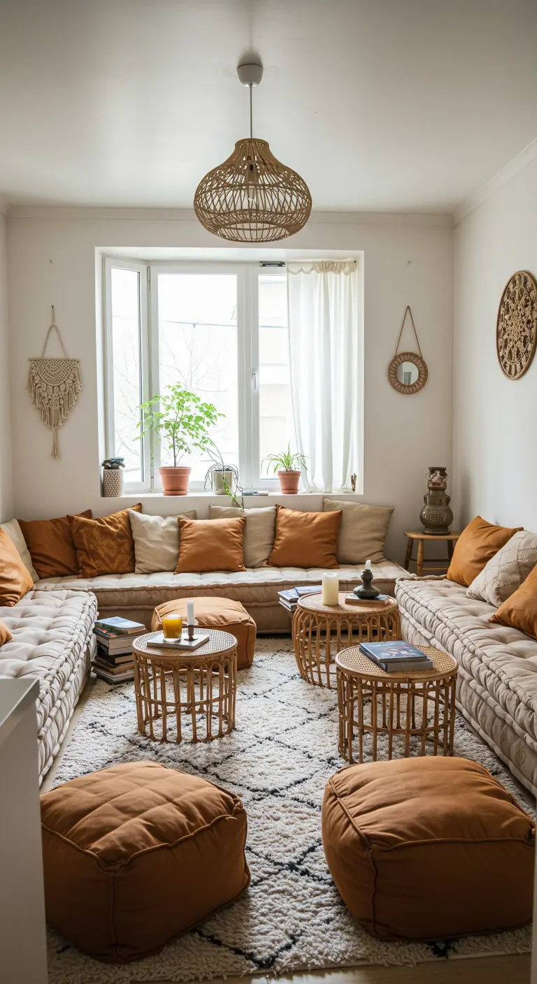 A living room with a U-shaped arrangement of low floor sofas, creating a sunken-lounge feel.