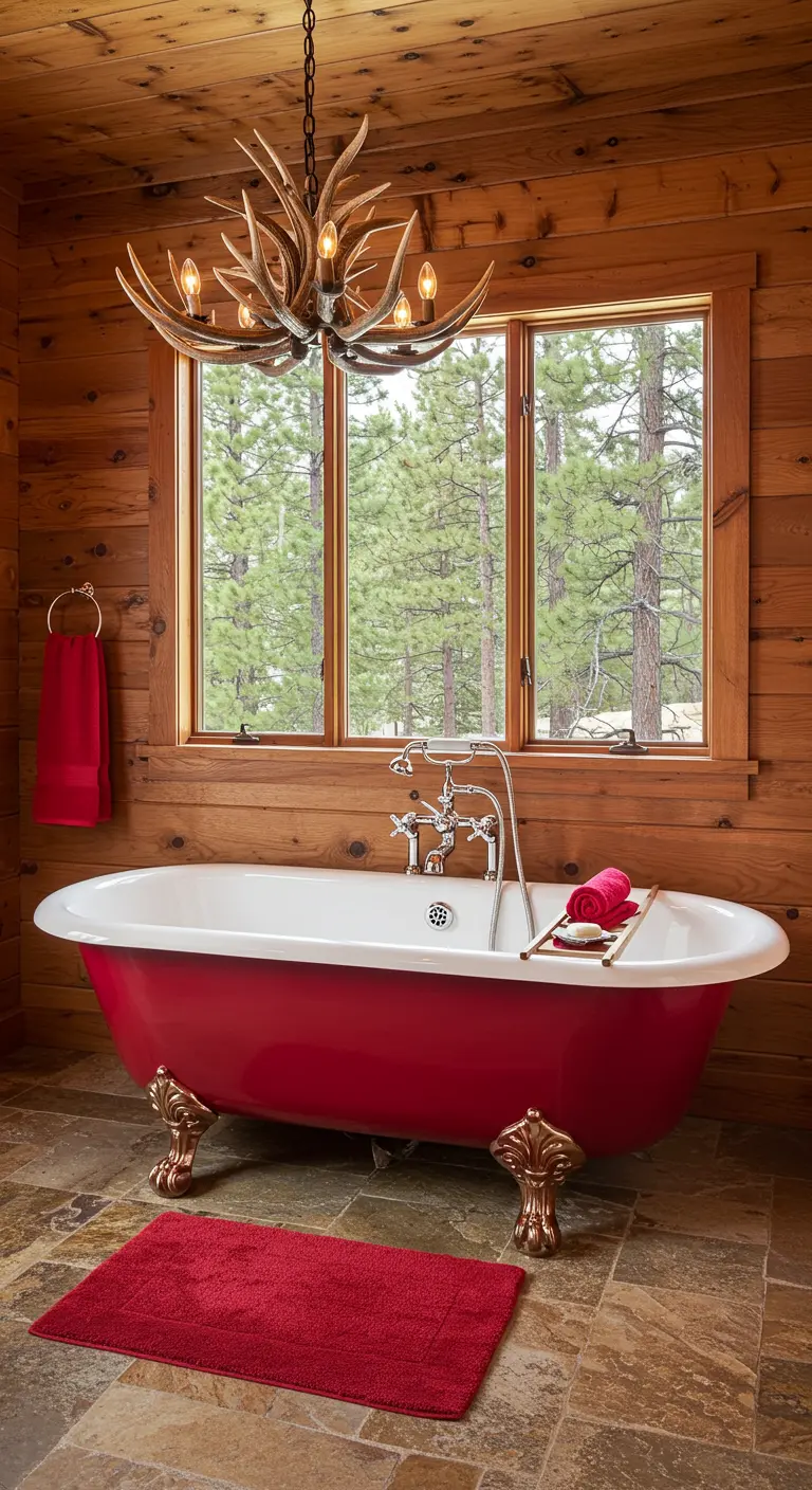 Log cabin bathroom with a bright red clawfoot tub as the centerpiece.