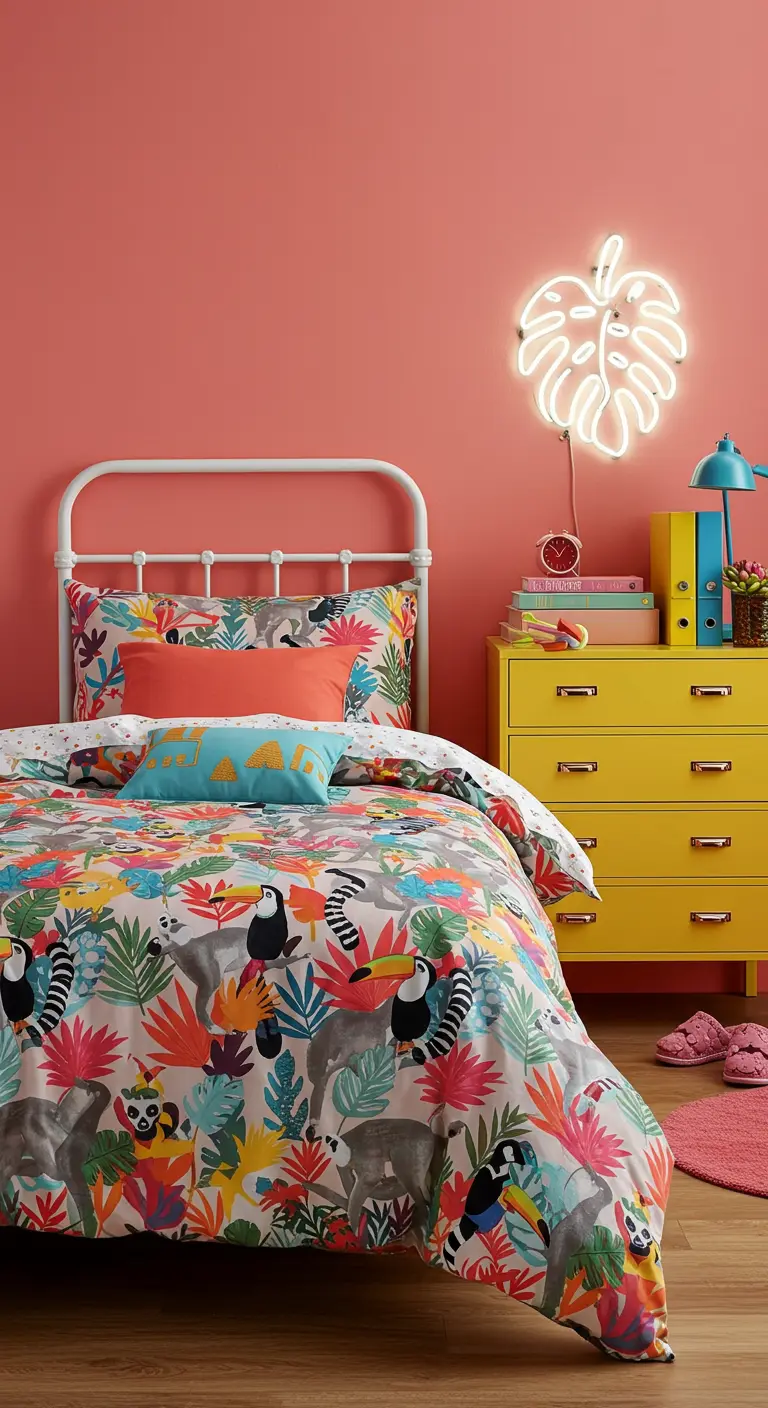 Colorful kids' bedroom with a coral wall, yellow dresser, and a neon monstera leaf light.