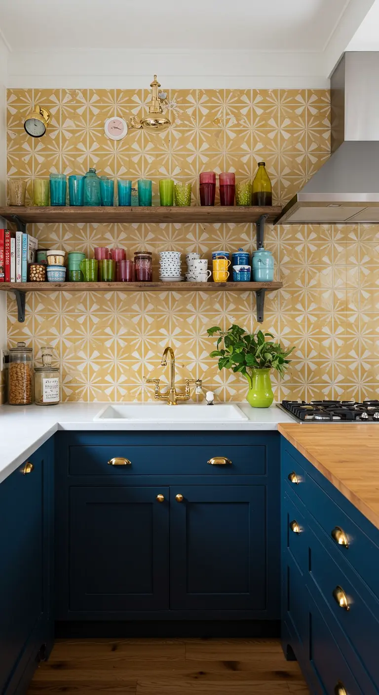 A kitchen featuring a vibrant yellow patterned tile backsplash, navy blue cabinets, and colorful glassware.