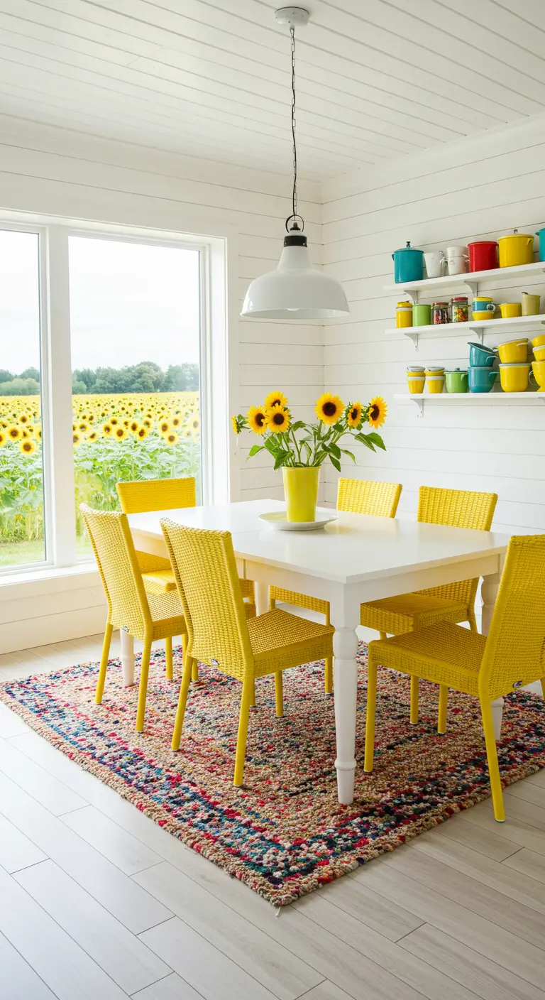 Bright dining room with vibrant yellow chairs, a white table, and sunflowers.