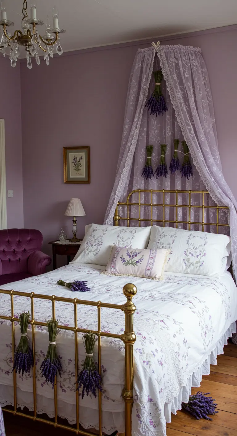 A lavender-themed bedroom with purple walls, a lace canopy, and bundles of lavender tied to the bed.
