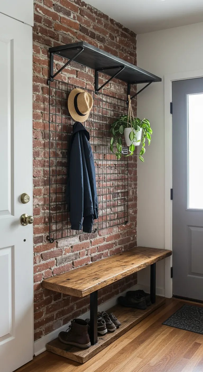 An industrial-style entryway with a wire grid for hanging coats, a wooden bench, and a shelf.