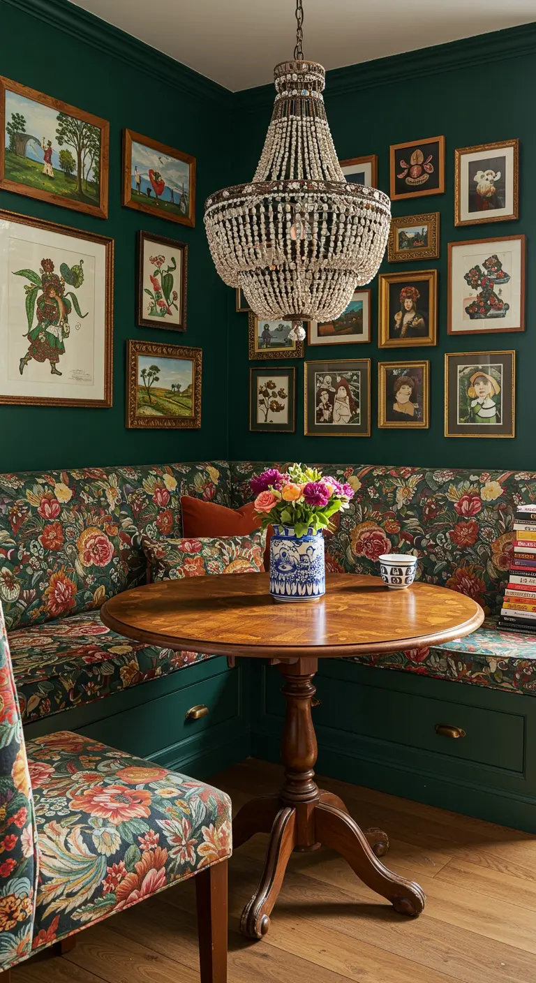 A maximalist dining nook with floral upholstery, a gallery wall, and a crystal chandelier.