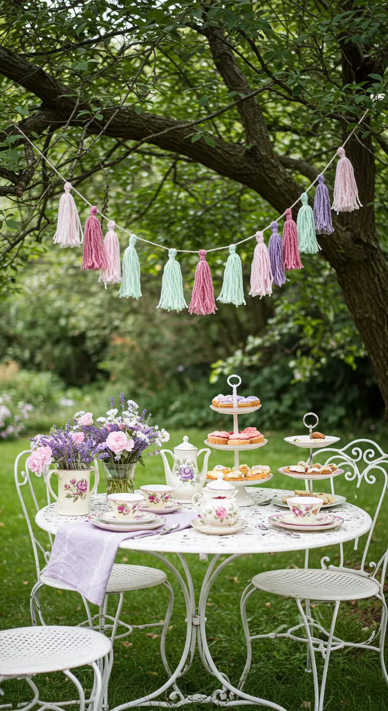 A delicate pastel tassel garland hanging from a tree branch over a garden tea party setup.