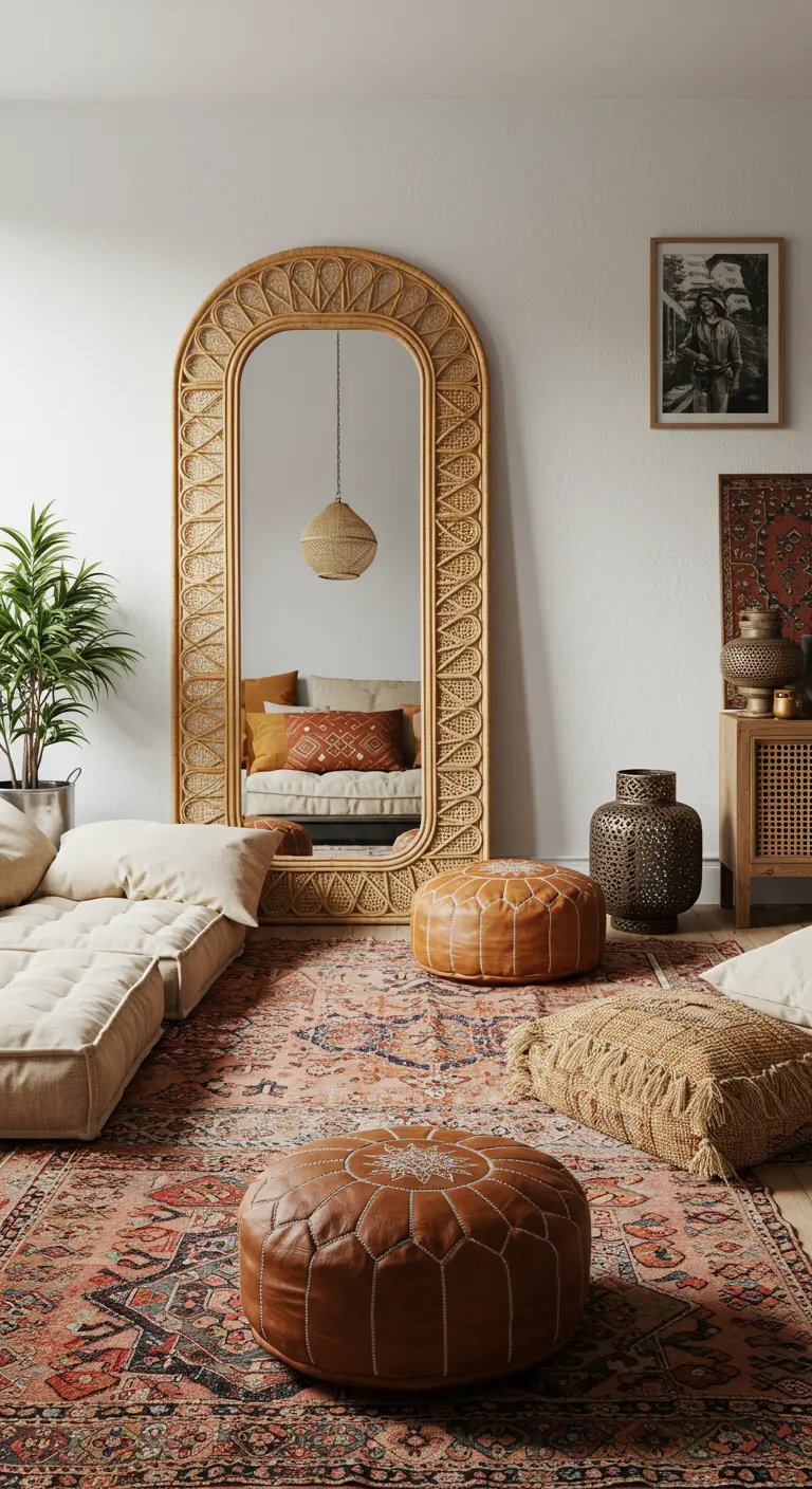 A large arched rattan floor mirror leaning against a white wall, reflecting a living space.