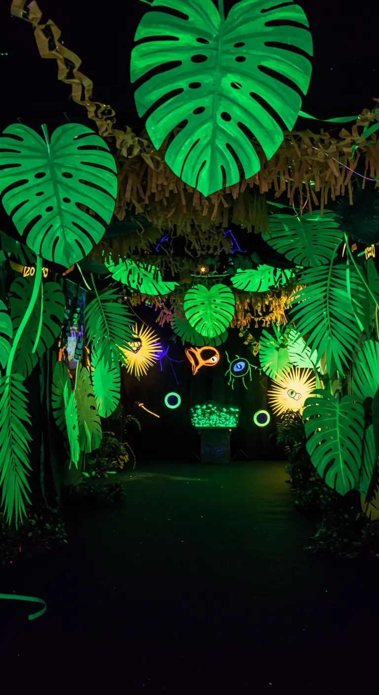 A party entrance decorated like a glowing jungle with neon paper leaves and streamers.