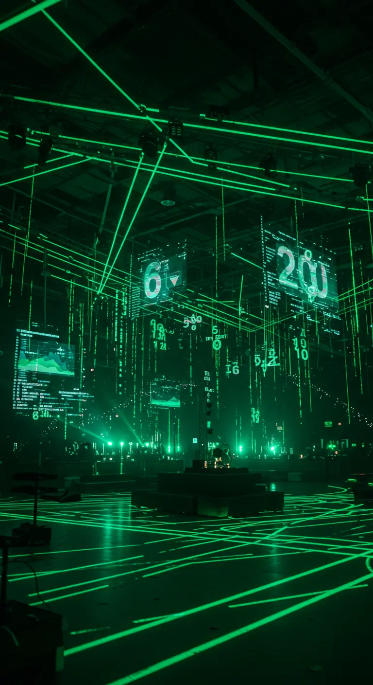 A dark space filled with green laser grids and projected 