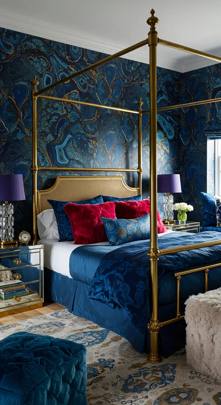 Bedroom with blue agate wallpaper and a brass four-poster bed.