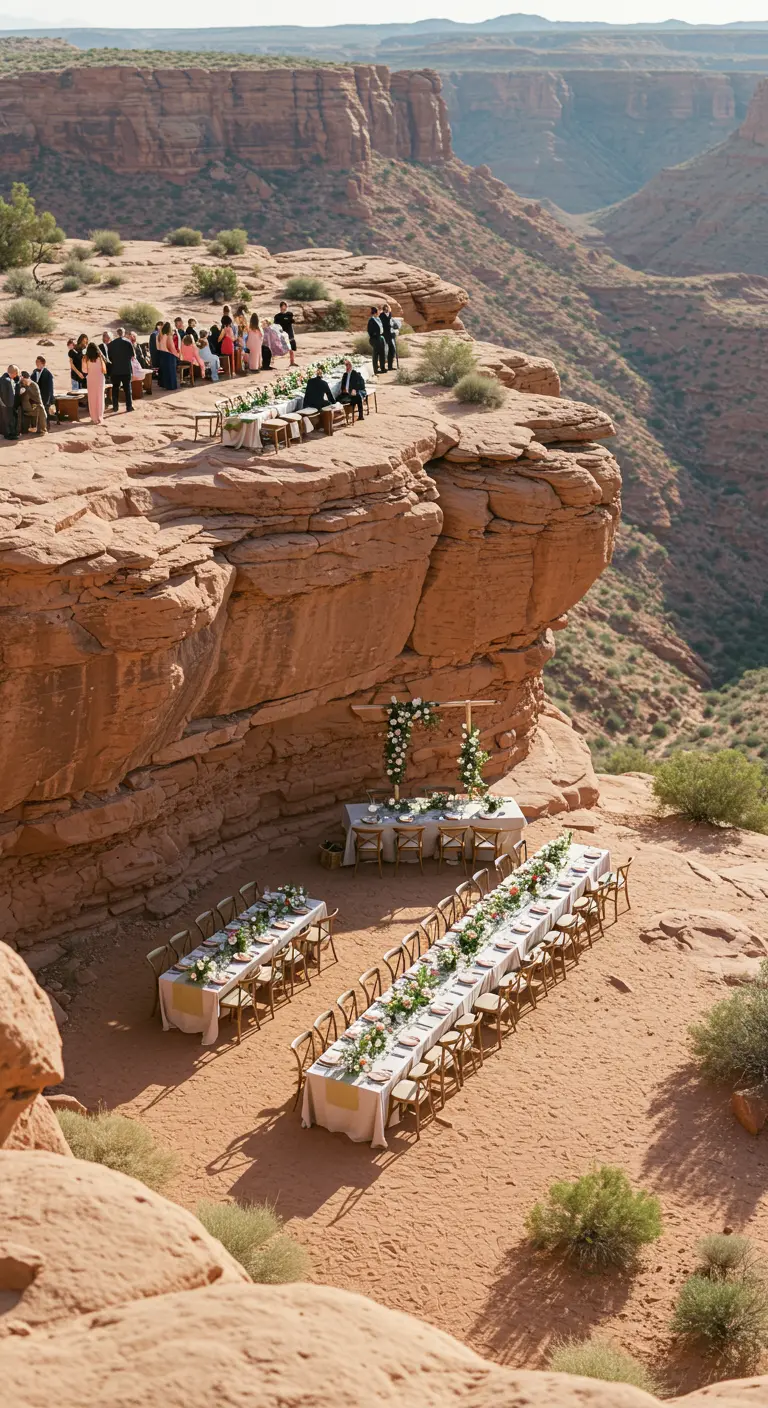 An aerial view of wedding reception tables set up on a desert cliffside.