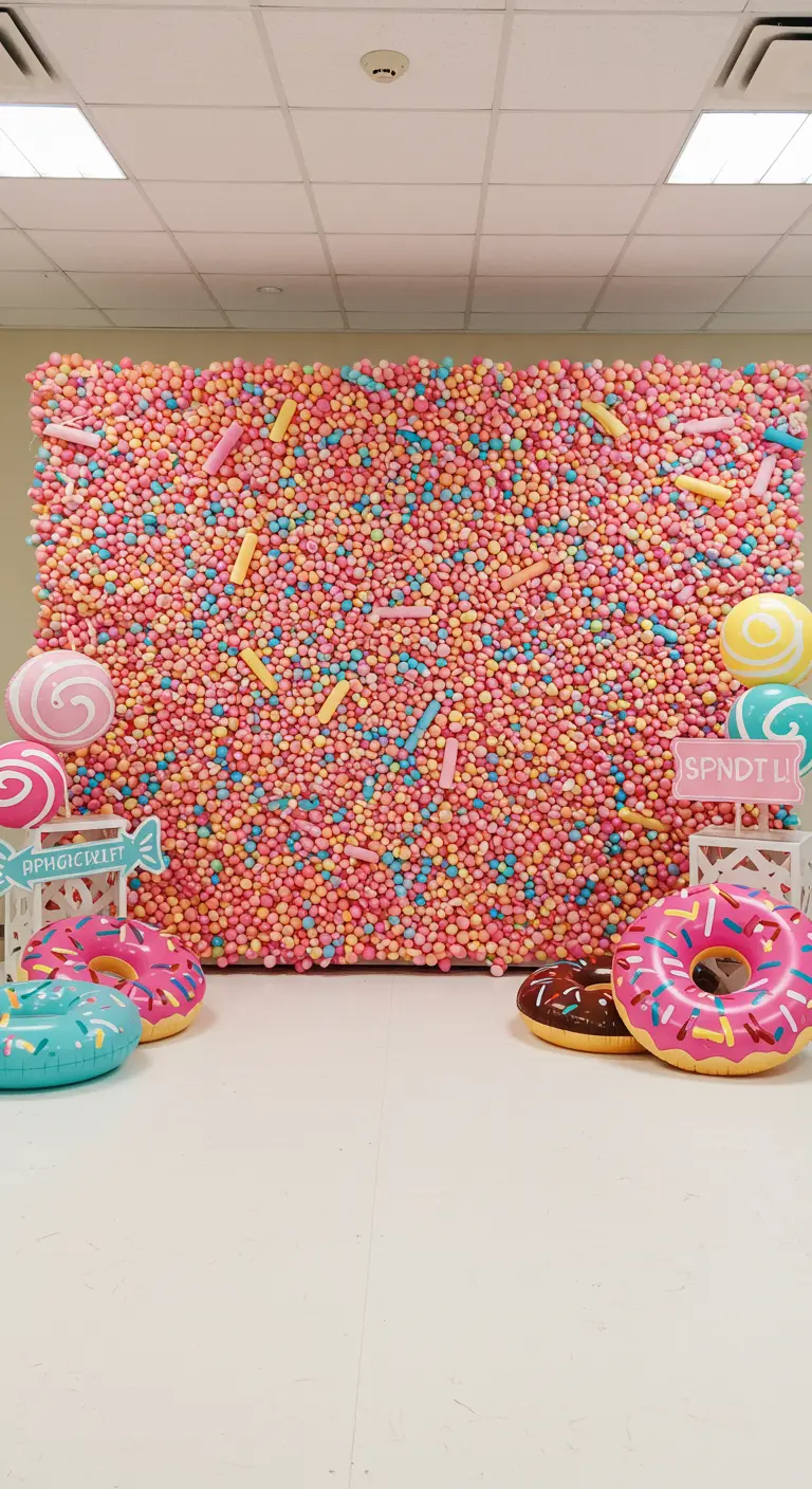 A colorful sprinkle wall backdrop made of foam balls and pool noodle pieces.