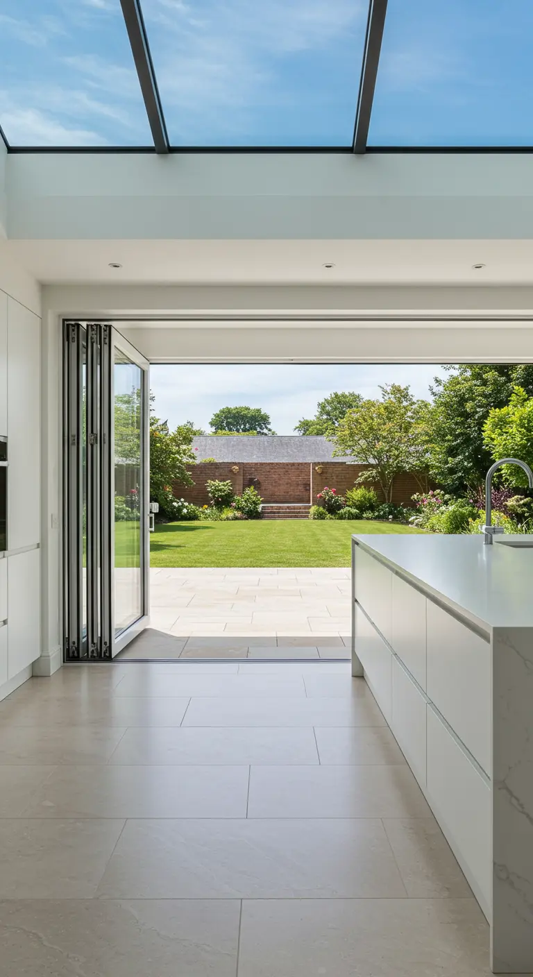 A modern white kitchen with bi-fold doors fully open to a lush green garden.