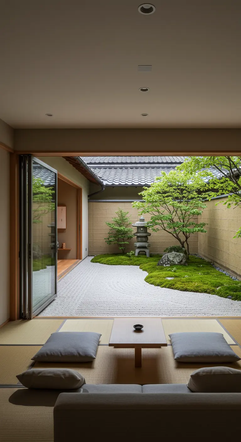 Living room with folding glass doors opening fully to a Japanese zen garden.