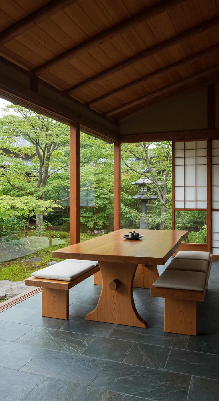 A dining table with benches on a slate floor looking out into a lush Japanese garden.