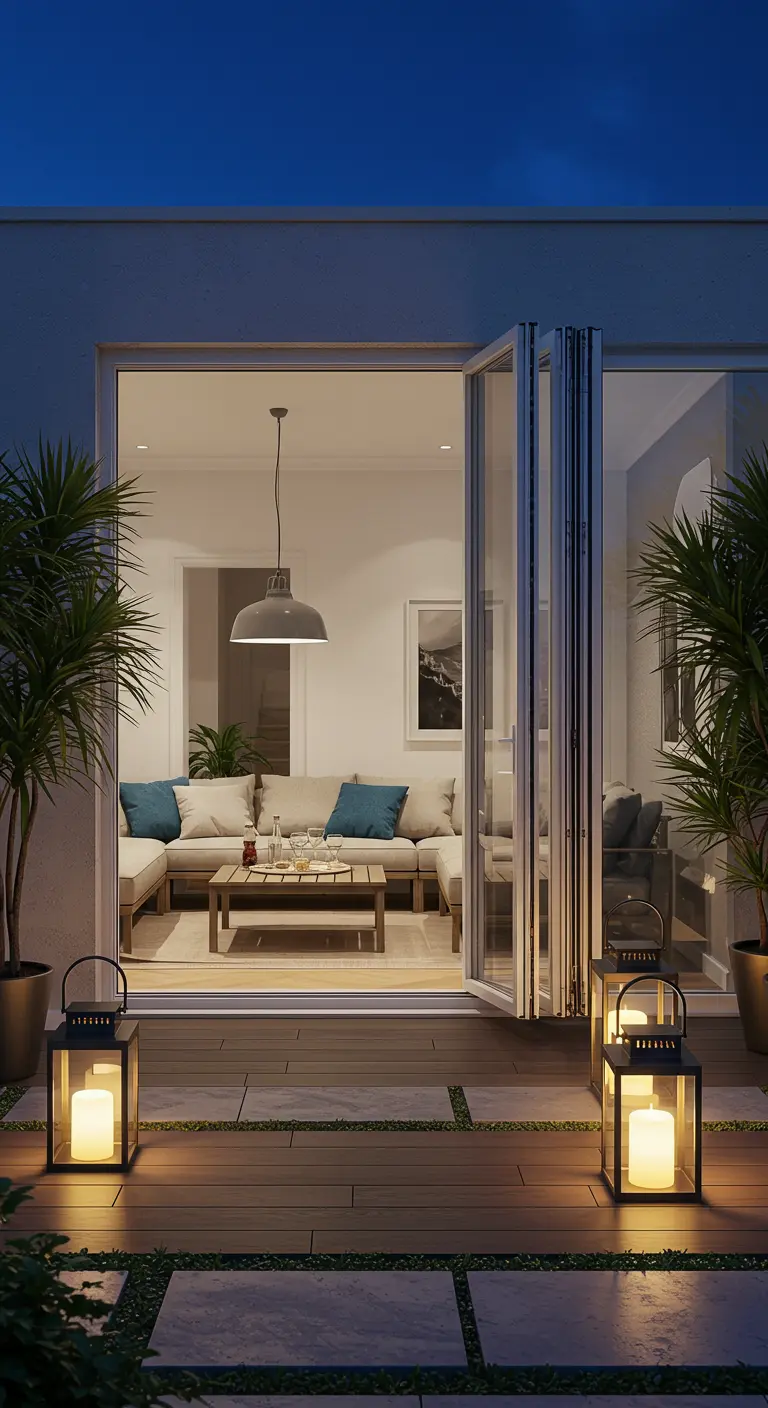 A living room with bifold doors opened wide to a patio, flanked by matching plants and lanterns.