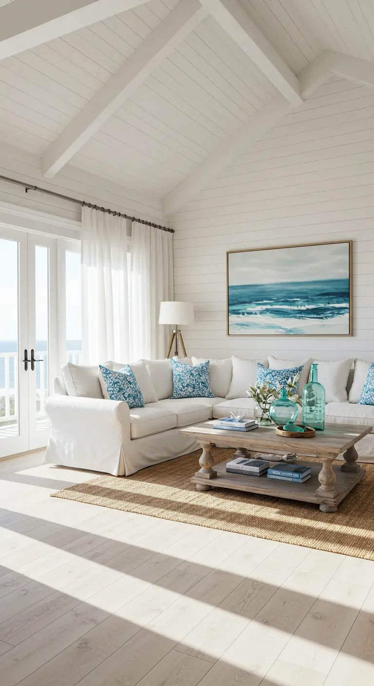 Bright coastal living room with a white sectional sofa, jute rug, and large ocean artwork.