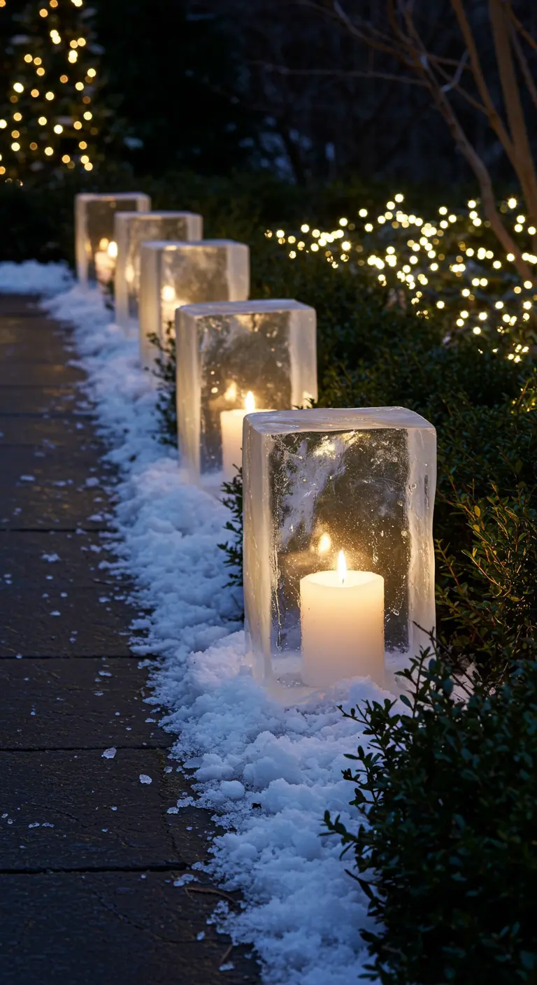 A row of glowing ice lanterns, each holding a candle, lining a snowy garden path.