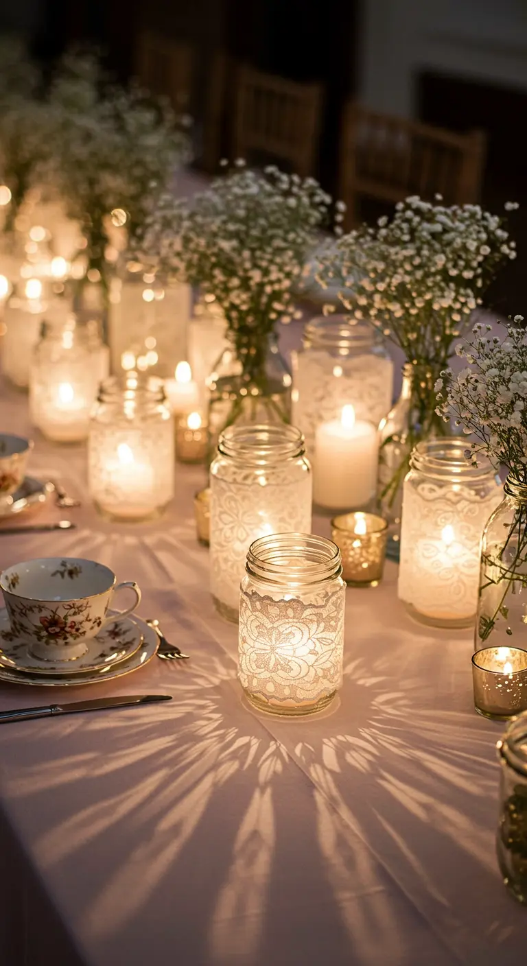 Mason jars covered in lace with candles inside, casting intricate shadows on a pink tablecloth.