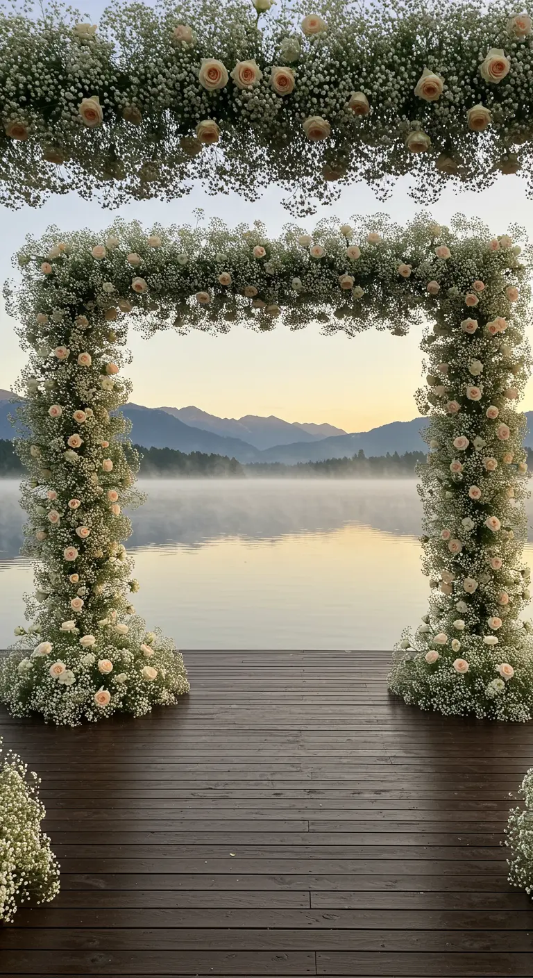 A wedding arch of baby's breath and pale roses framing a misty lake at sunrise.