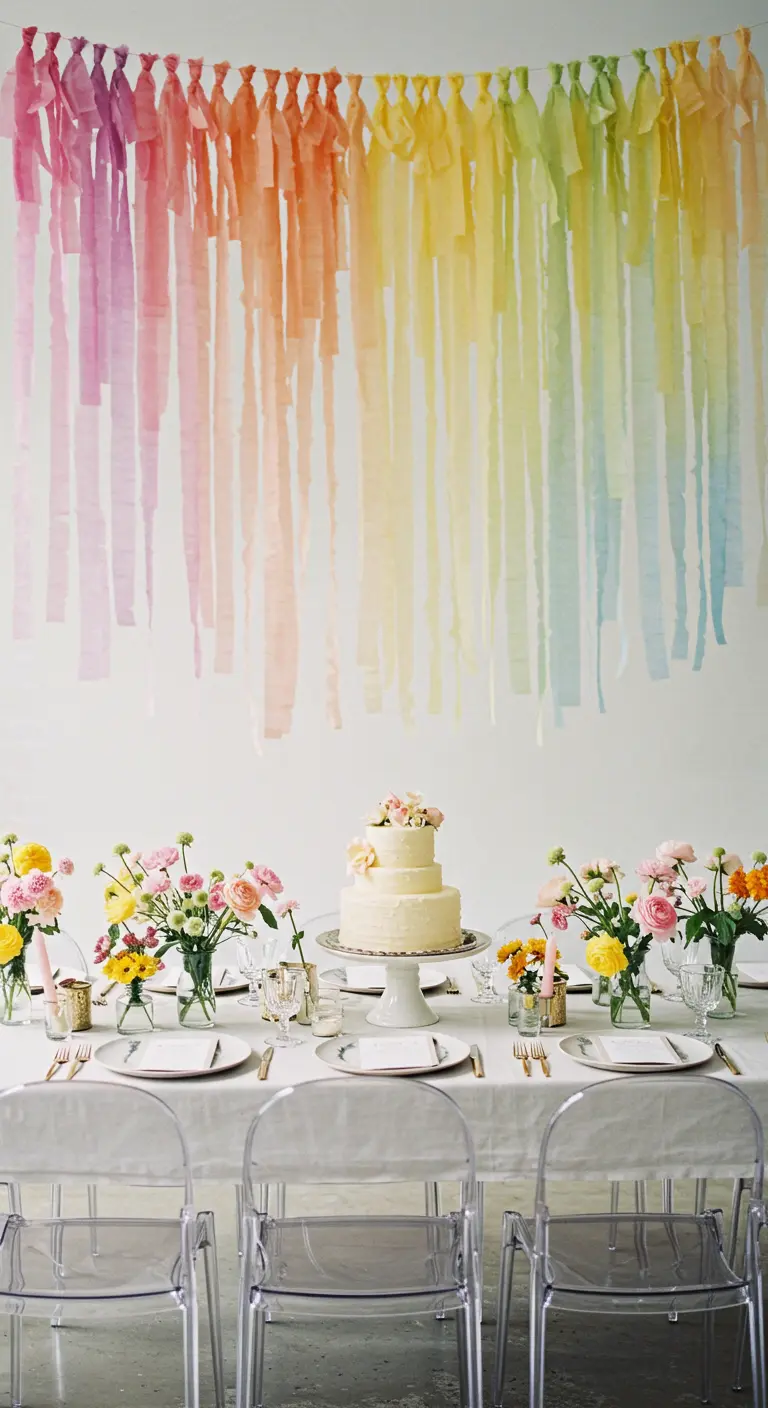 A backdrop of pastel rainbow watercolor-painted streamers behind a wedding cake.