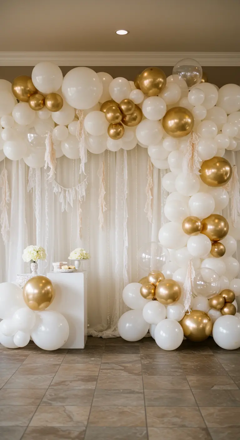 An elegant white and gold balloon arch with pampas grass over a white dessert table.