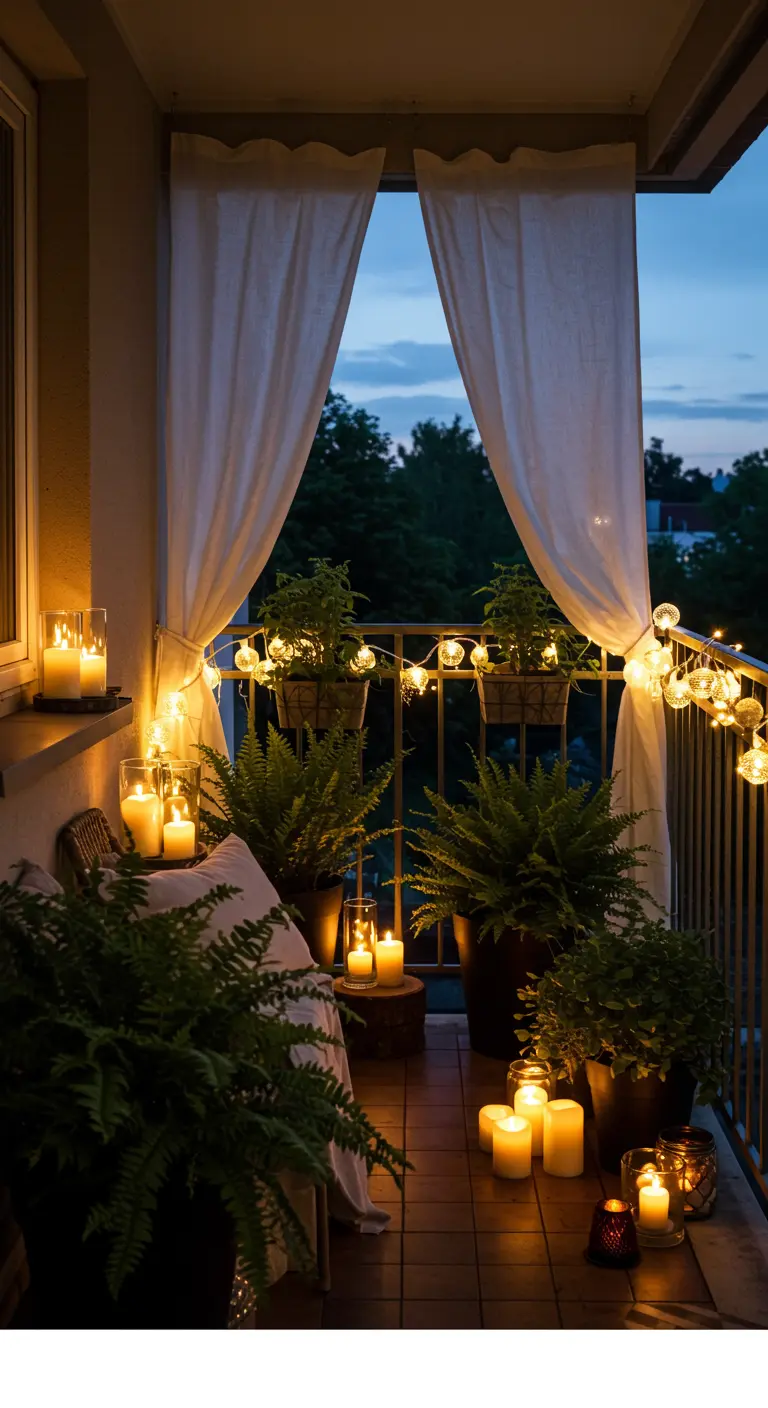 Romantic balcony at night with globe string lights, sheer curtains, and candle clusters.