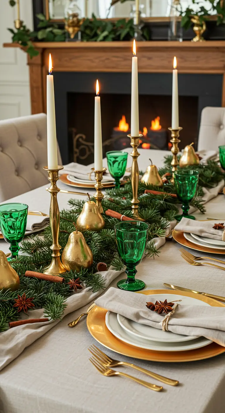 Festive holiday table with an evergreen runner, gold pears, and emerald green glassware.