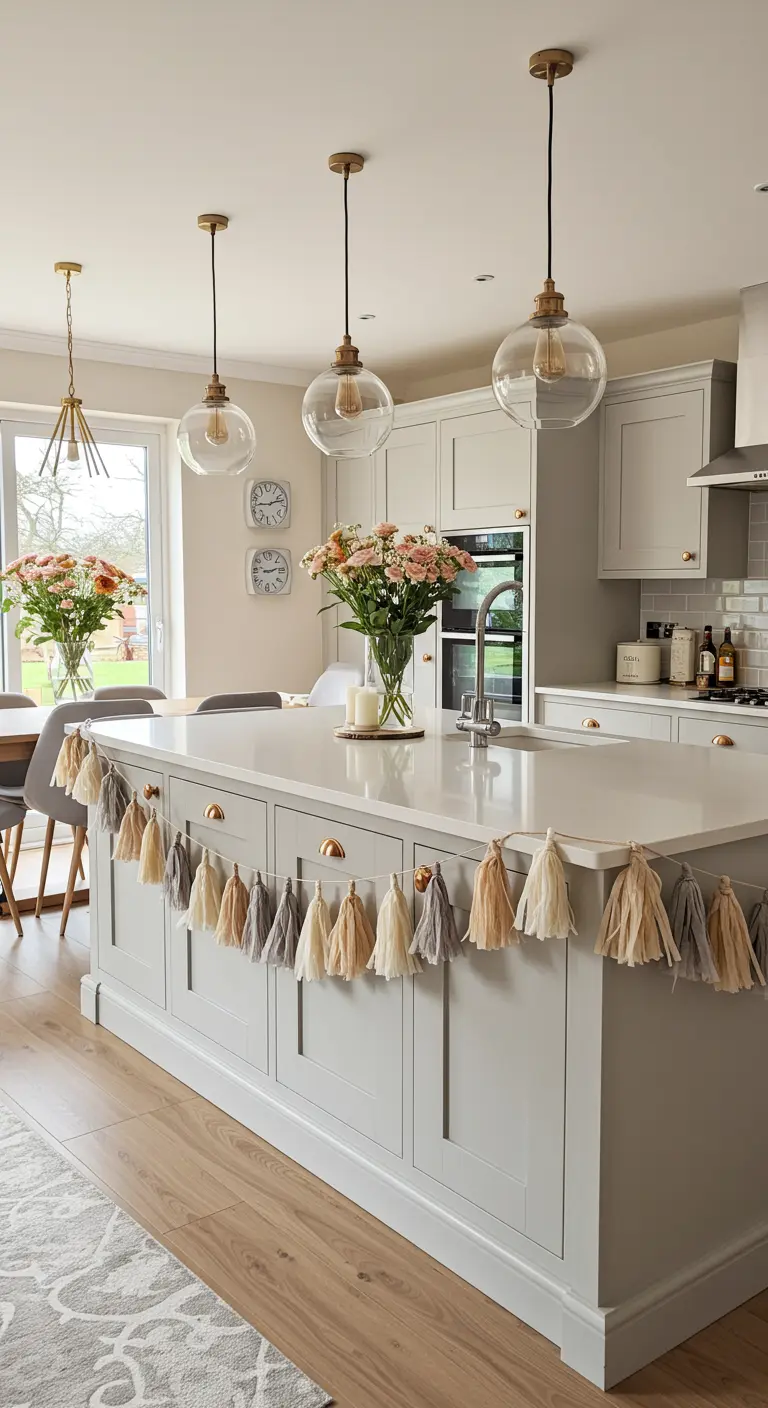 A neutral-toned tassel garland in beige, gray, and cream hangs across a modern kitchen island.