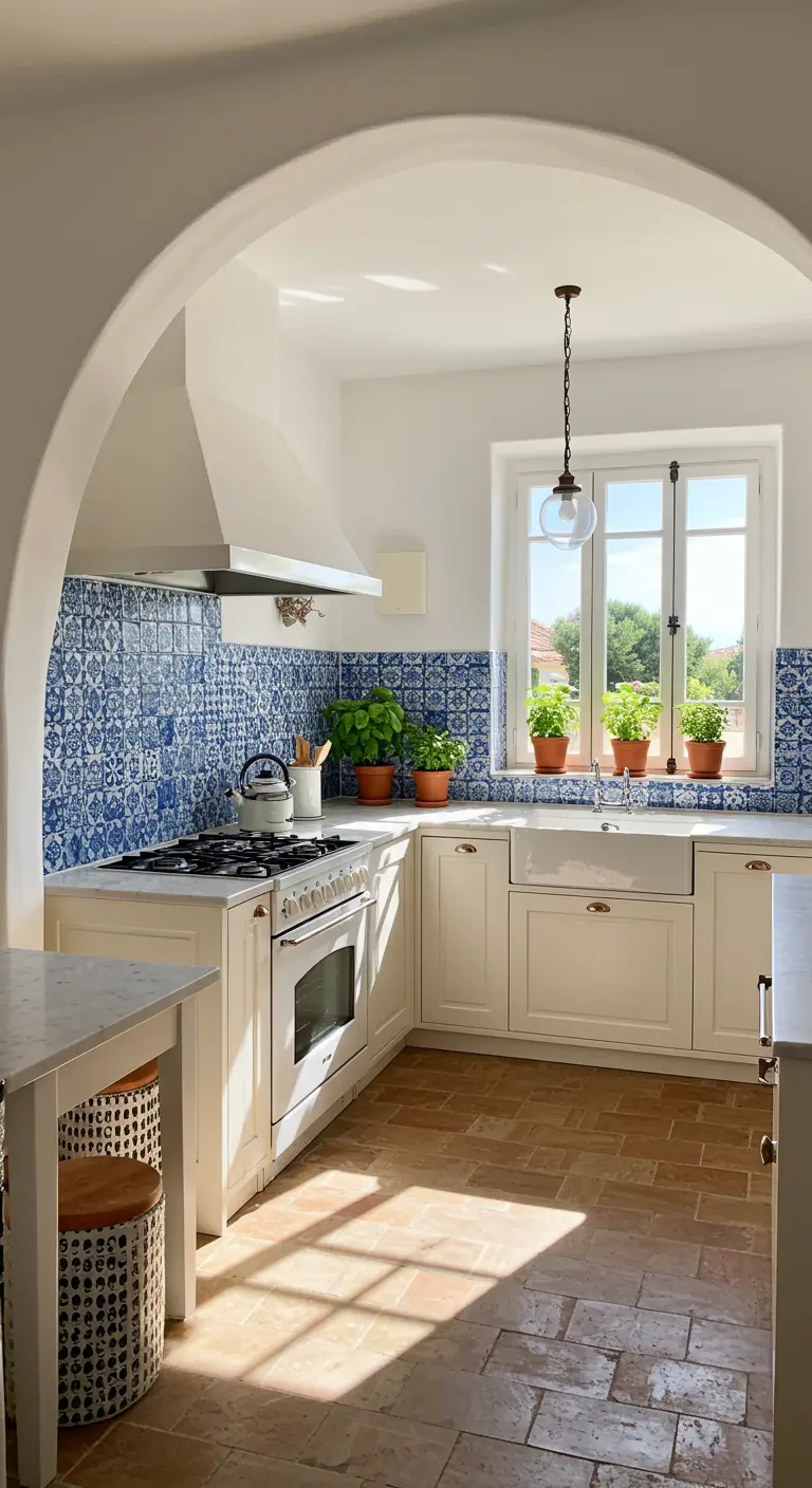 A bright, airy kitchen with a blue and white tile wall, white cabinets, and terracotta floors.