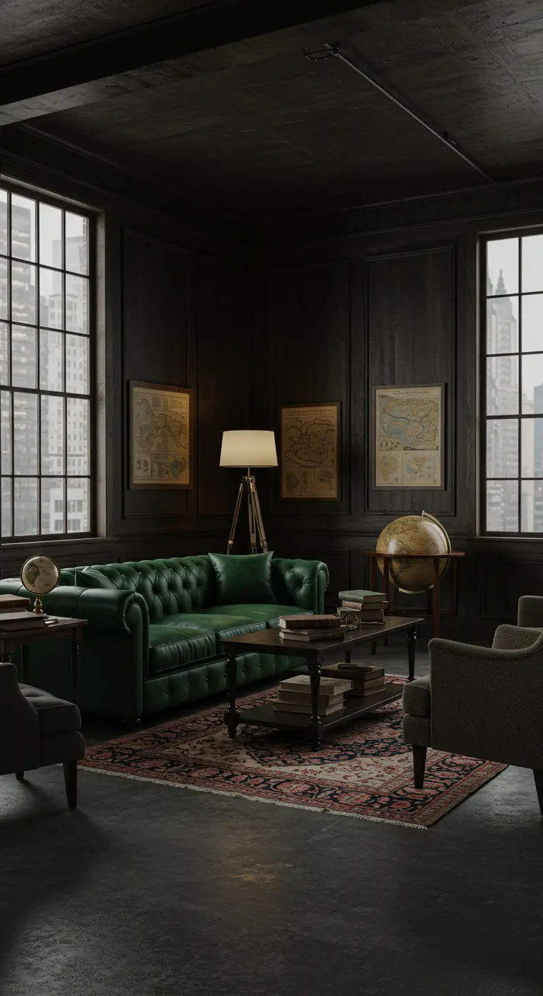 A dark loft with a green leather Chesterfield sofa, vintage maps, and a tripod floor lamp.