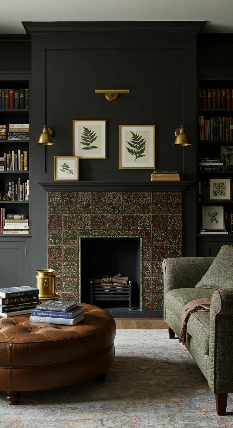 A dark, moody library with built-in shelves and a fireplace surrounded by intricate patterned tile.