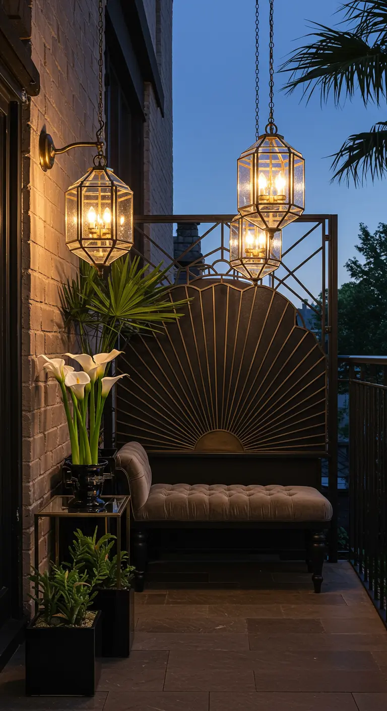 A sophisticated balcony with an Art Deco-style metal screen and a gray velvet bench.