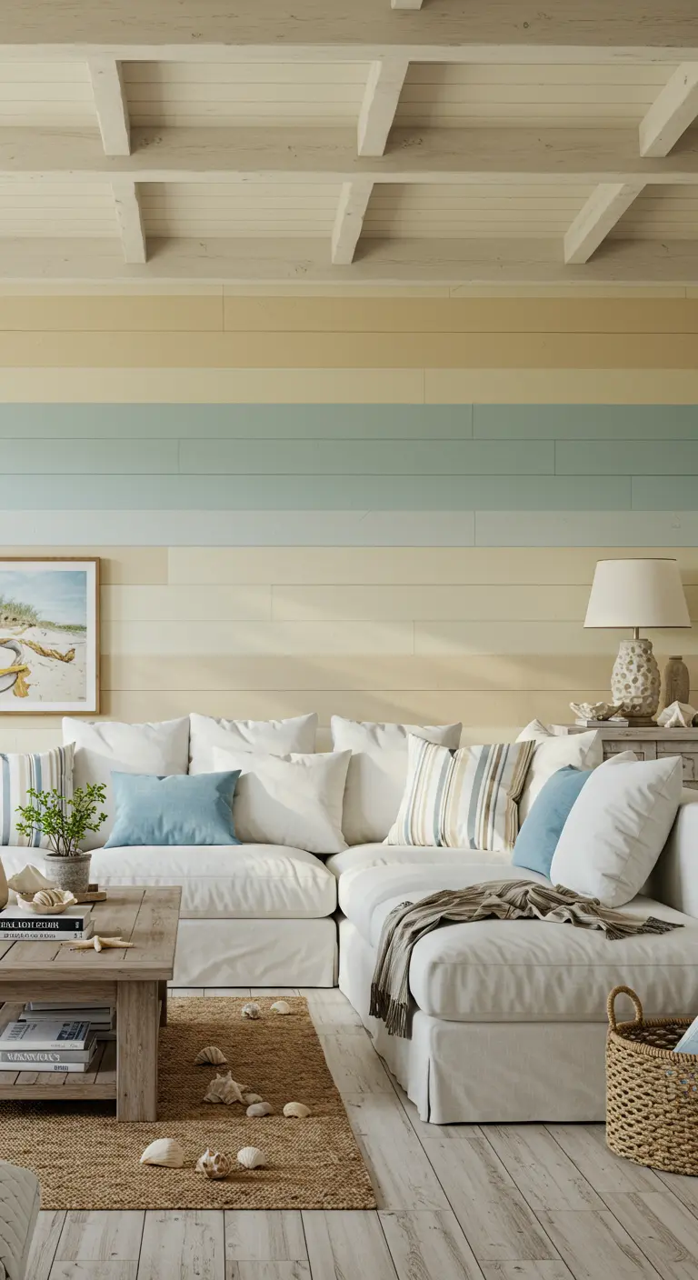 A white sectional with blue pillows in a room with pale yellow and blue horizontal wall stripes.