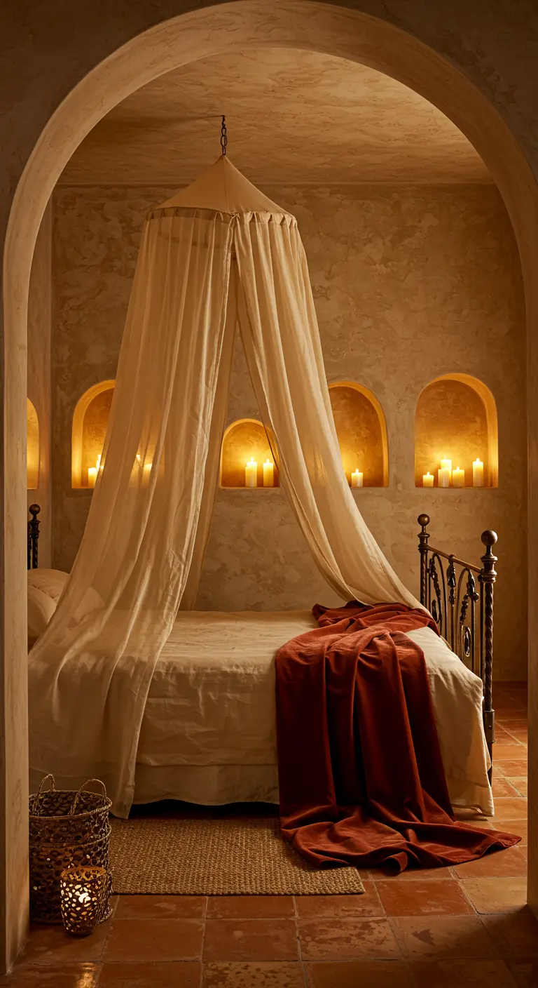 Mediterranean bedroom with arched niches for candles and a rust-colored throw.