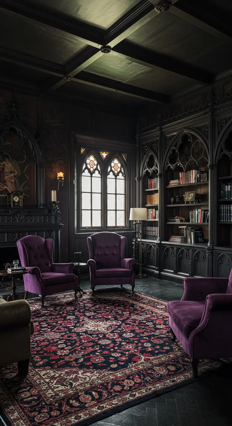 Plum velvet wingback chairs in a dark, gothic-style library with arched bookcases.