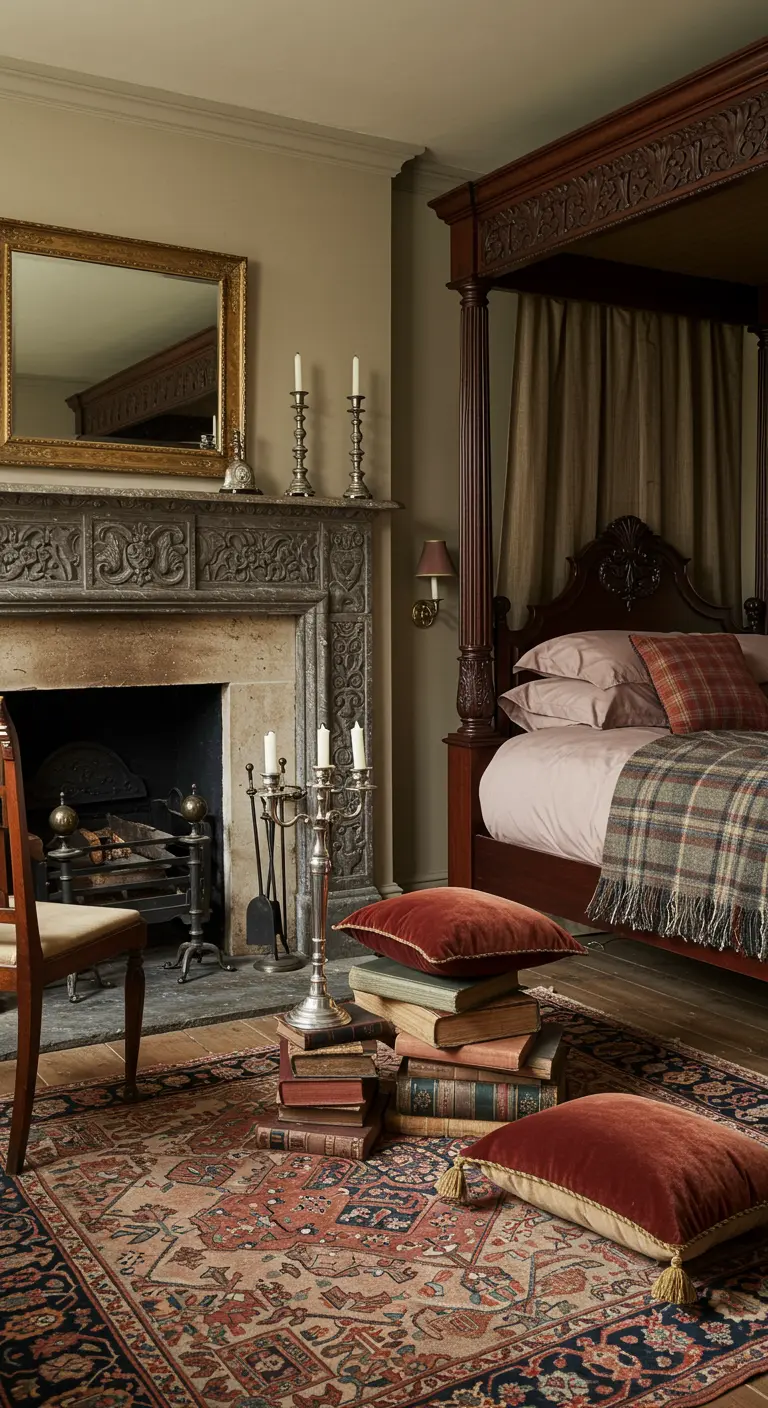 Traditional bedroom with a four-poster bed, ornate fireplace, and velvet cushions.