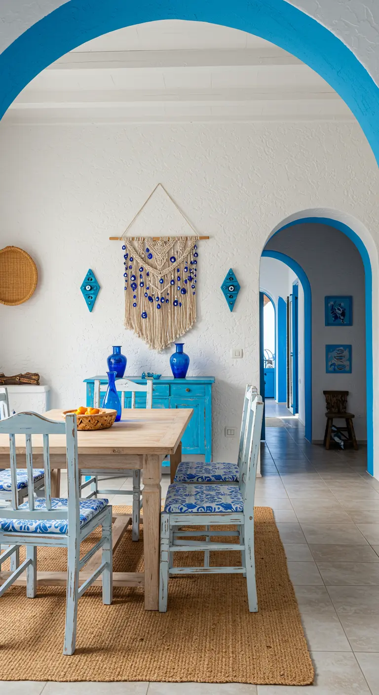 A Greek-style dining room with white walls, blue accents, and a macramé piece with evil eye beads.