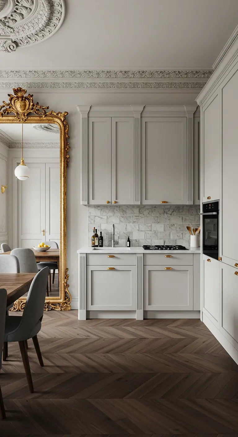 Kitchen with greige cabinets and a large, ornate gold mirror leaning against the wall.
