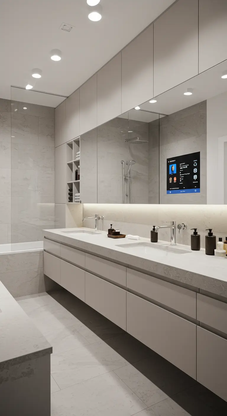 Neutral bathroom with a wall-to-wall smart mirror and floating vanity.