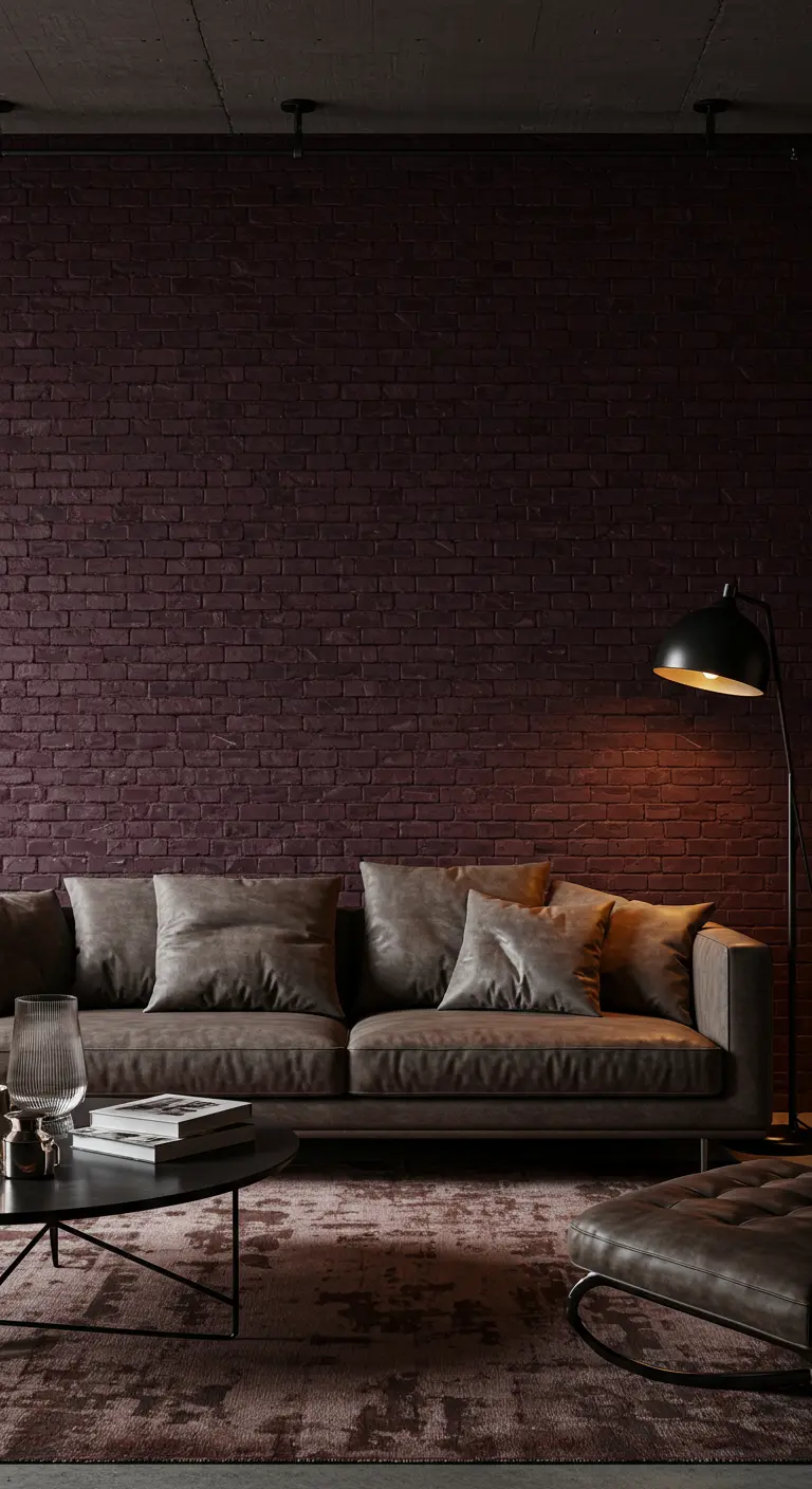 A taupe sofa against a brick wall painted a deep, moody aubergine purple.