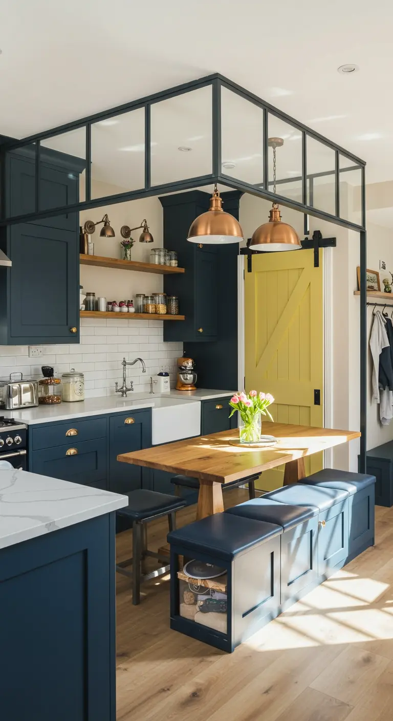 Kitchen with navy cabinets, copper pendants, and a bright yellow sliding barn door.