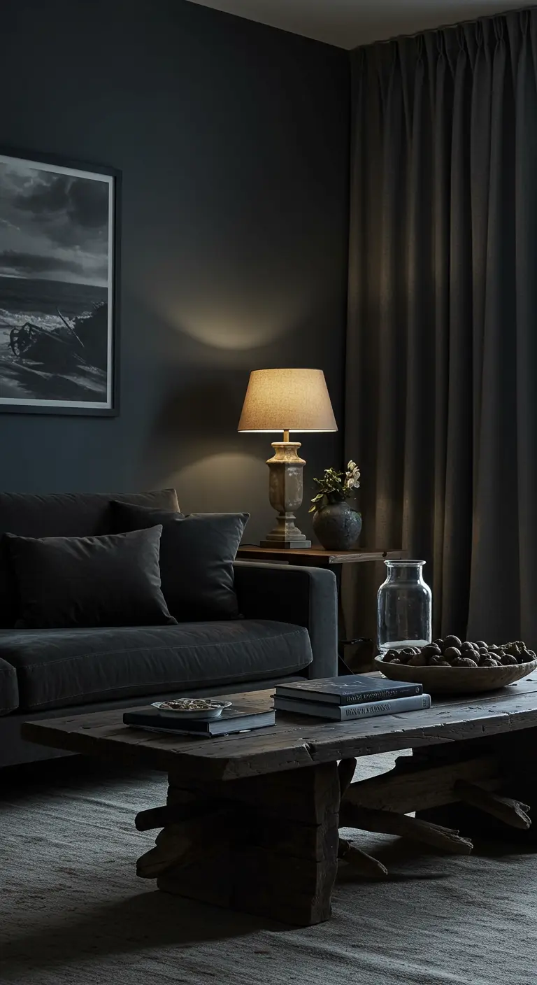 Moody living room with dark gray walls, a velvet sofa, and warm lamplight.