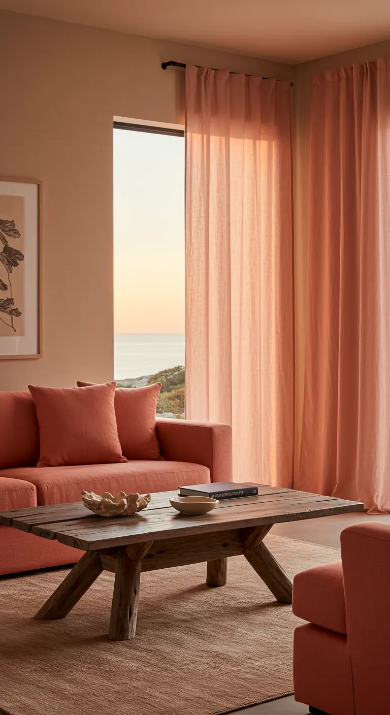 Living room with a terracotta-colored sofa and matching sheer curtains.