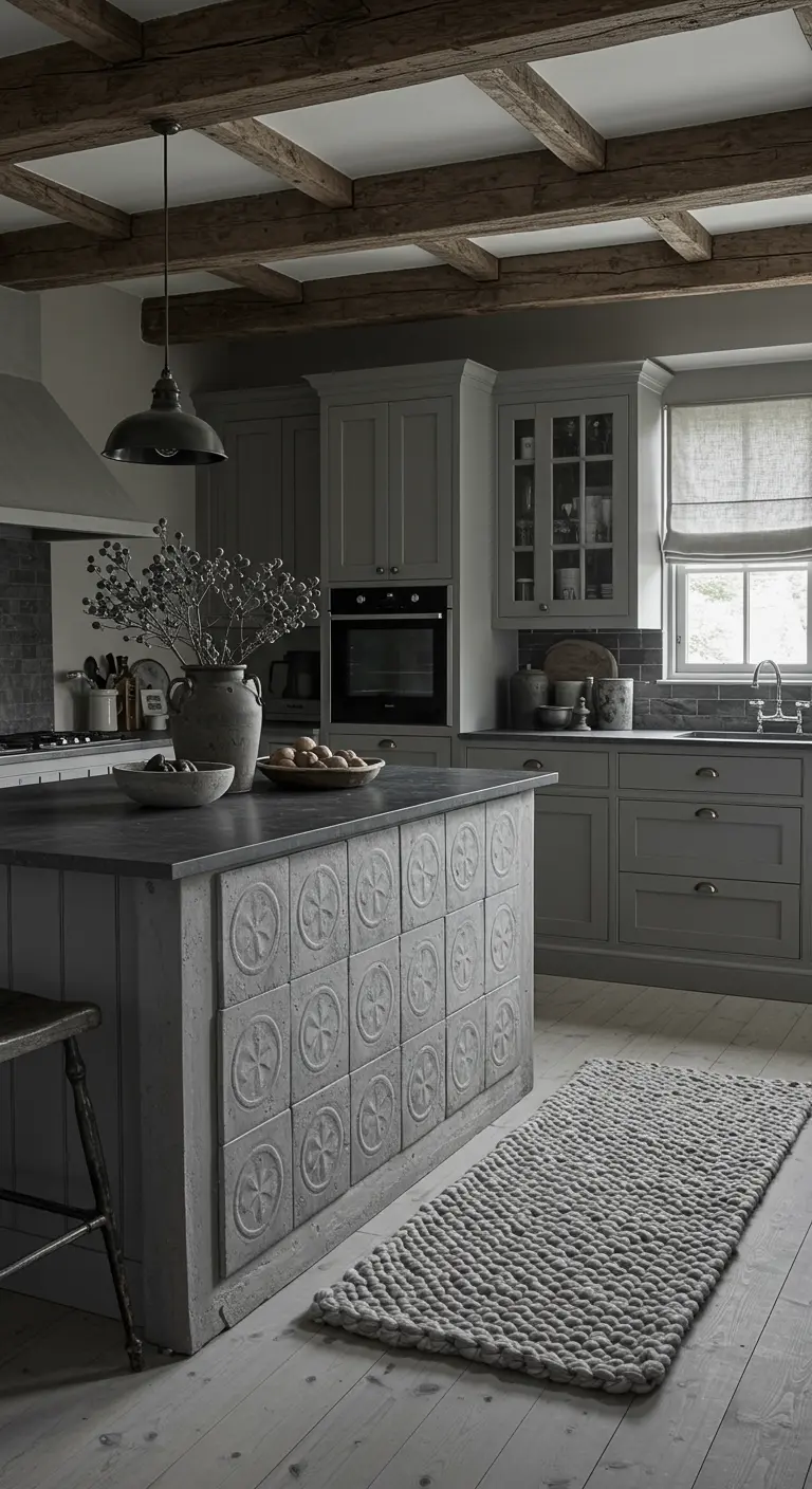 A monochromatic gray kitchen with a textured, embossed concrete tile island and a chunky knit rug.