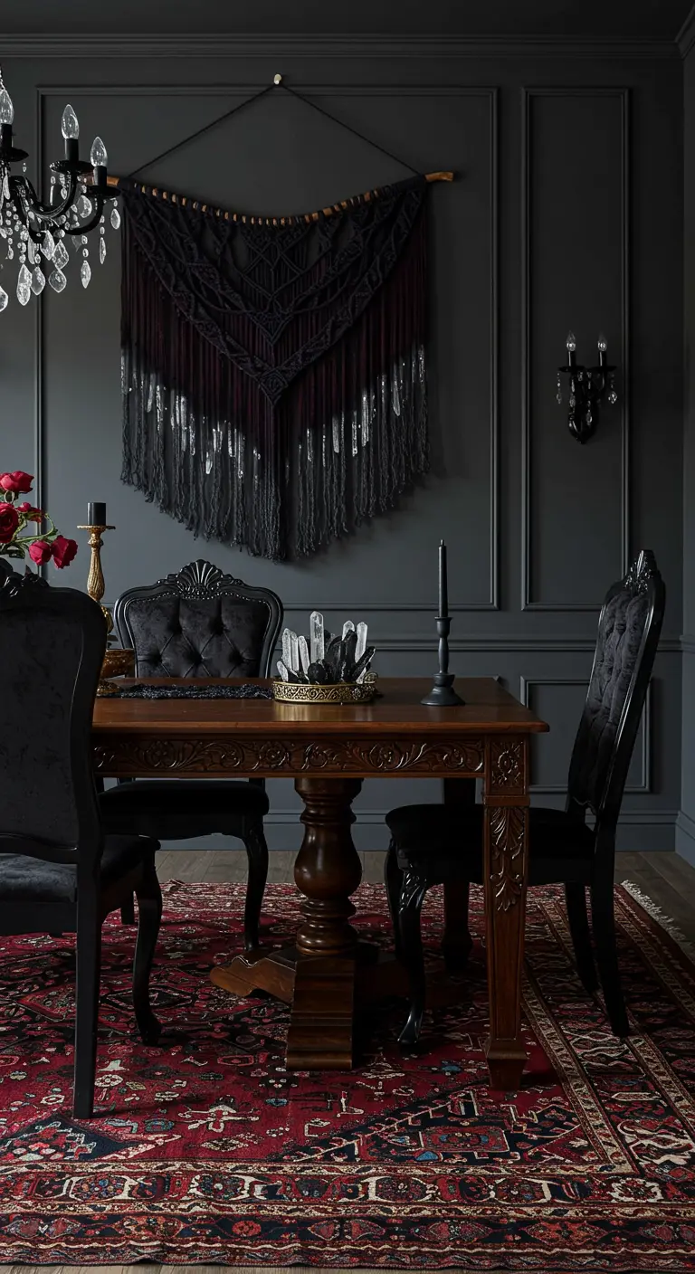 A gothic dining room with charcoal walls, ornate black chairs, and a black dip-dyed macramé hanging.