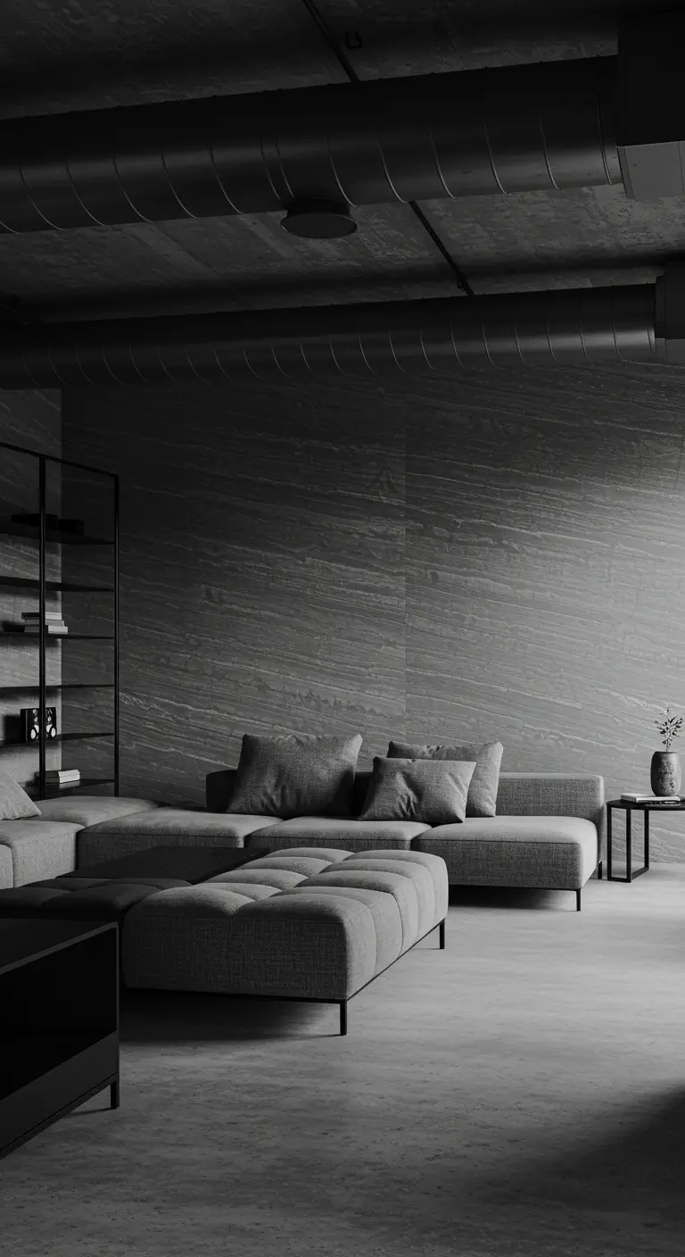 Monochromatic gray loft with a textured stone wall and a large modular gray sofa.