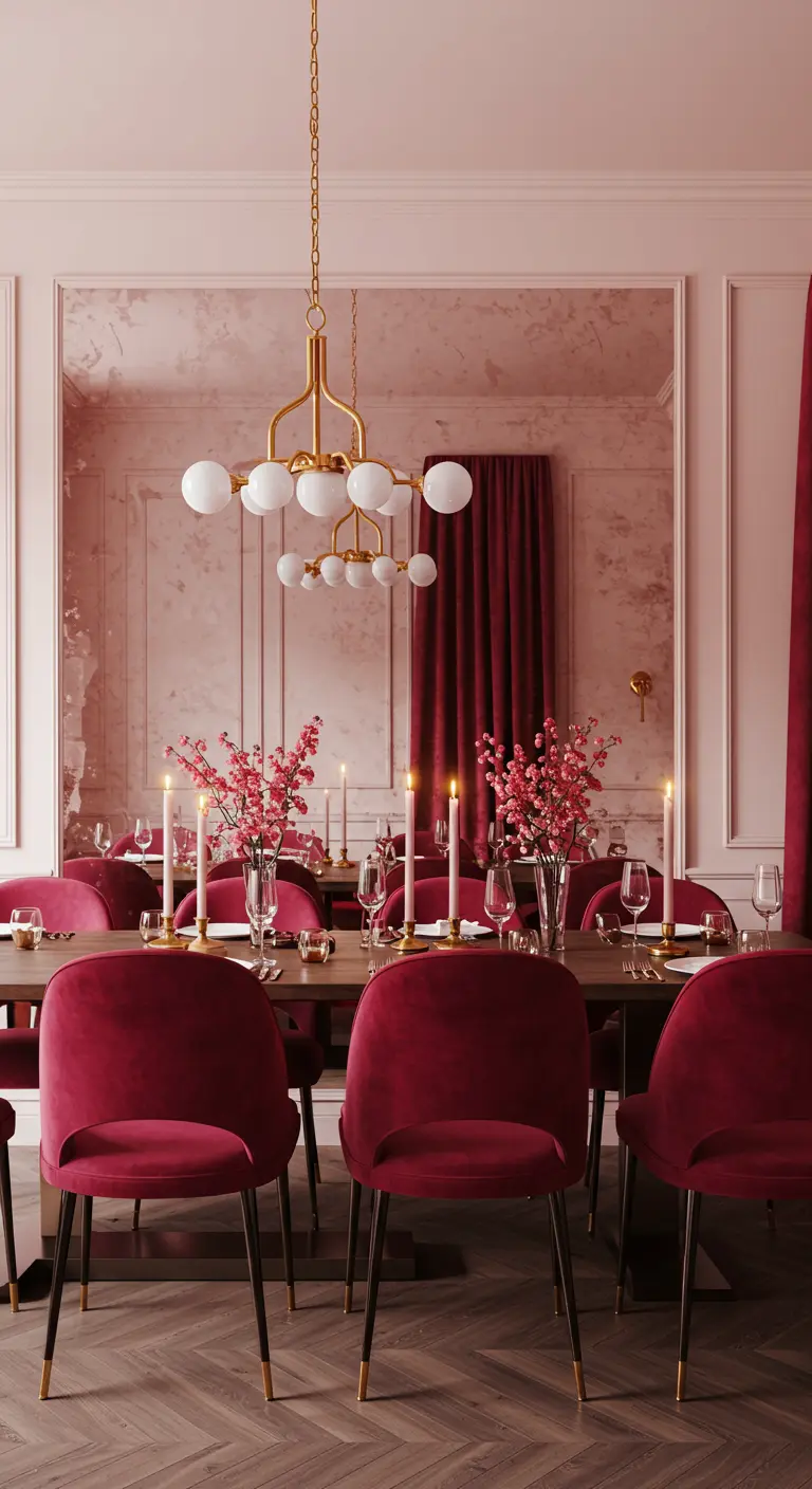 Dusty rose dining room with raspberry velvet chairs and a rose-tinted mirror.
