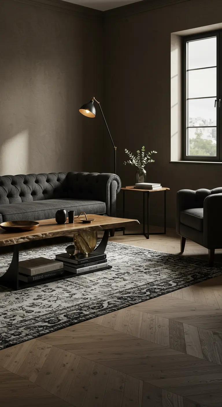 Moody, monochromatic brown living room with a charcoal tufted sofa and a live-edge coffee table.