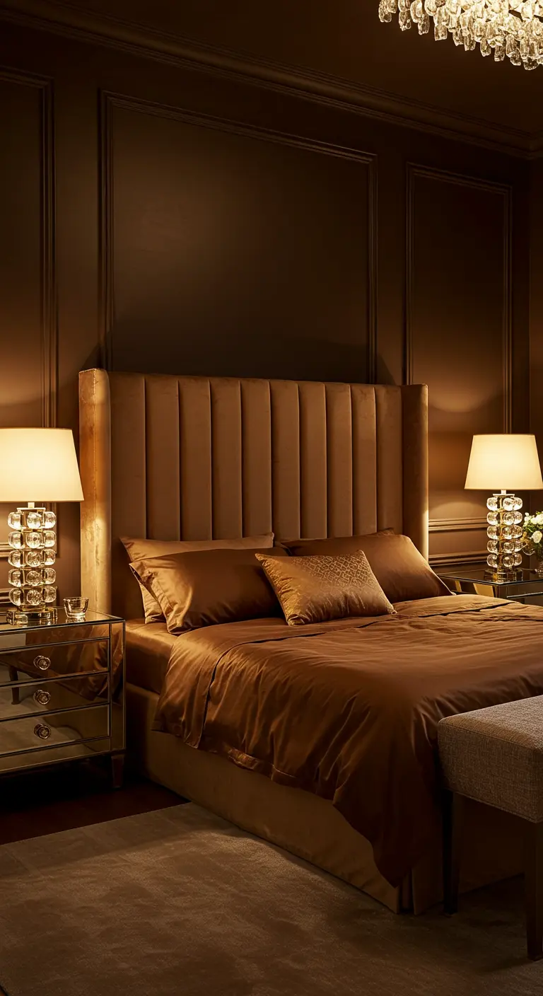 Elegant bedroom with a tall brown velvet headboard, brown silk bedding, and crystal table lamps.