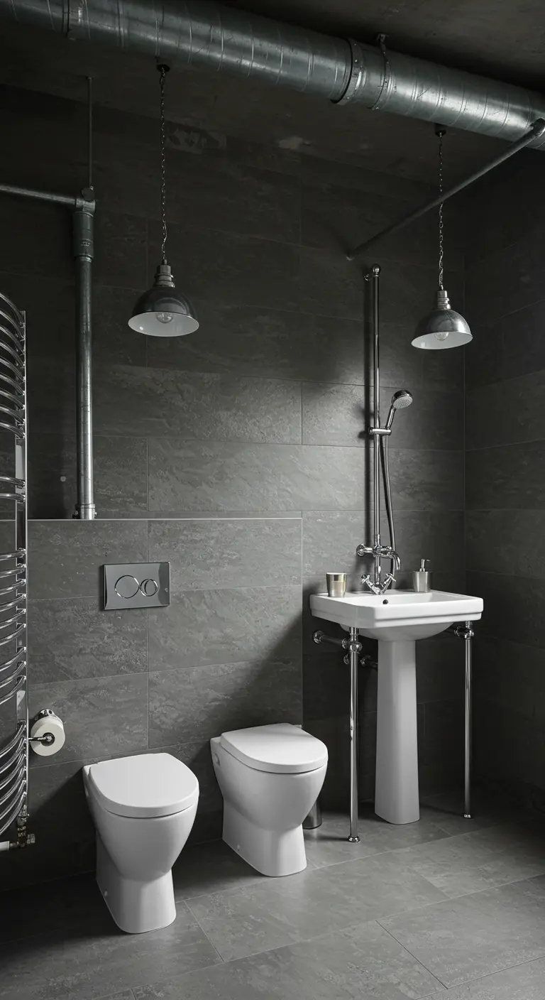 Industrial-style bathroom with exposed chrome pipes and dark grey tiled walls.